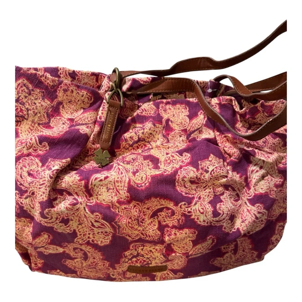 Lucky Brand Canvas Paisley Tote Bag Leather Strap Boho - Picture 2 of 4